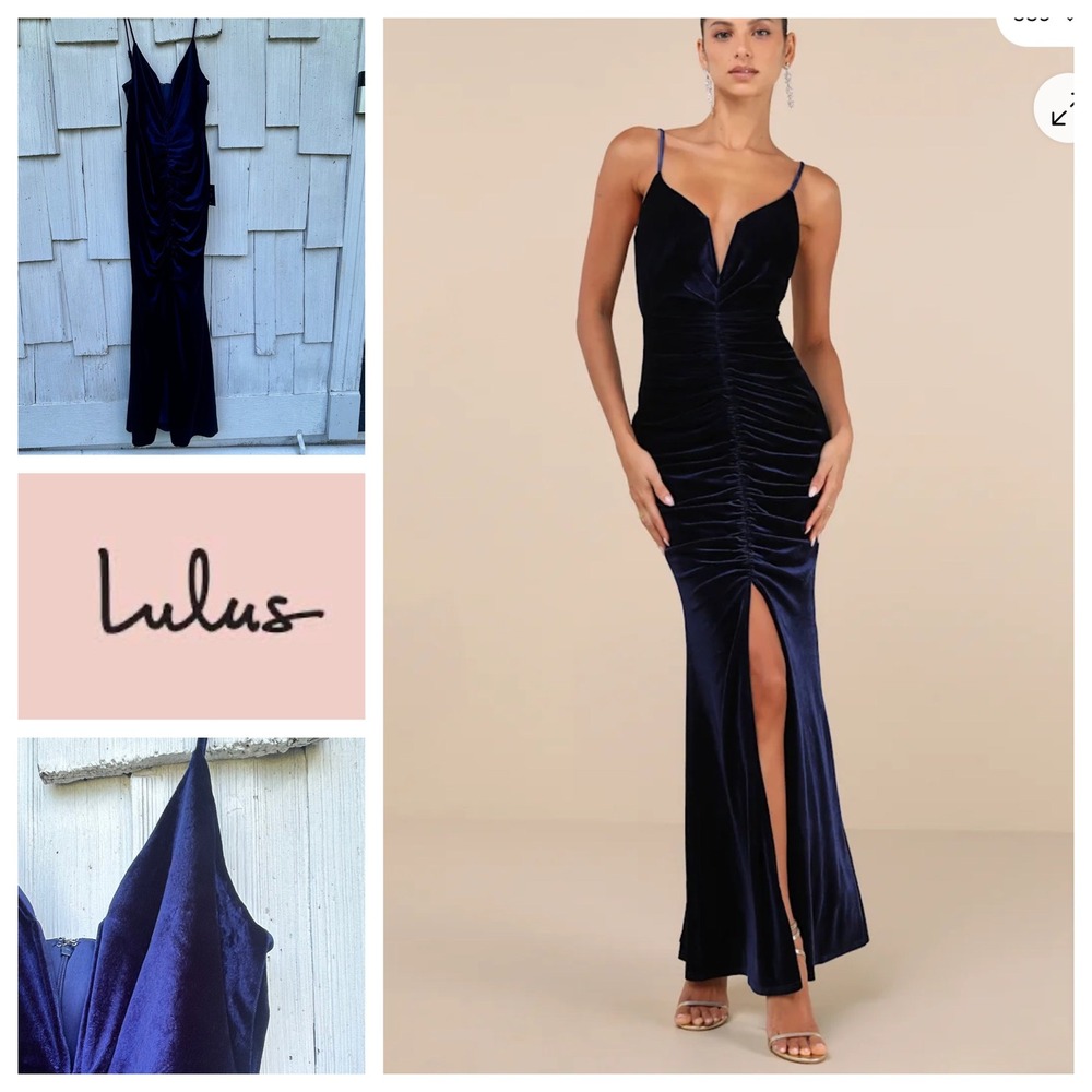 Lulus Stunning Invitation Navy Velvet Ruched Sleeveless Maxi Dress Navy Blue M